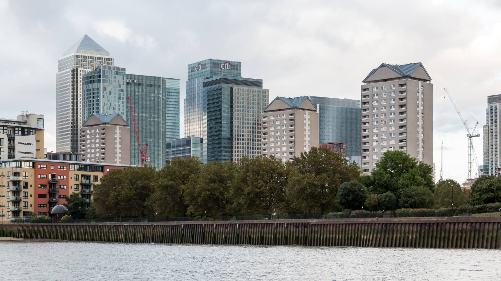 The Canary Wharf skyline across the Thames in London