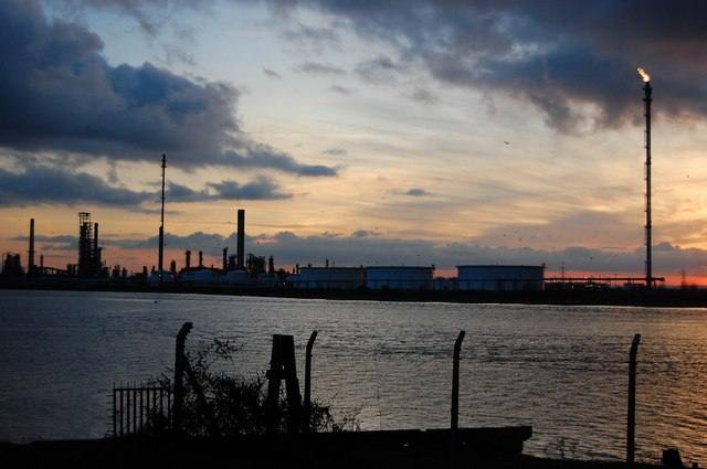 Oil refinery at sunset on the Essex coast
