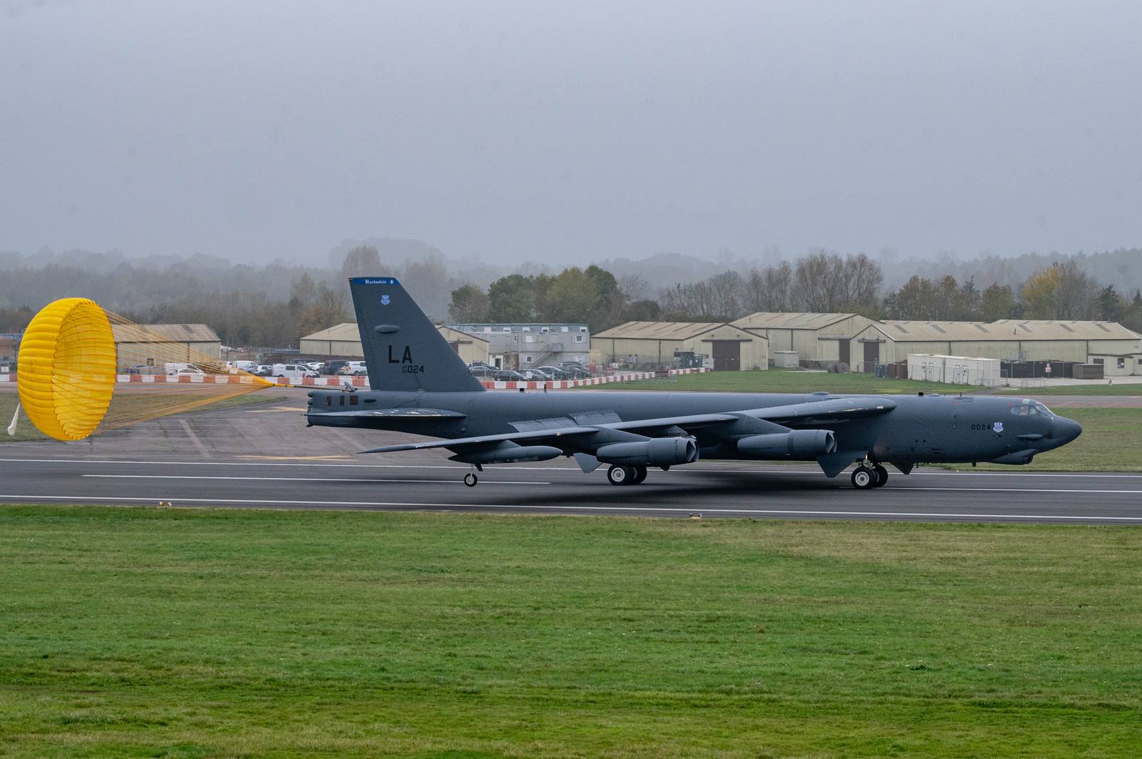 A B-52 bomber landing at RAF Fairford