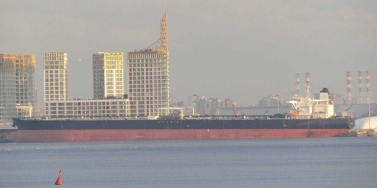 A large oil tanker anchored off St Petersburg